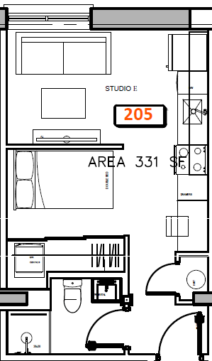 Floor plan for studio, 1 bath, 331 sqft