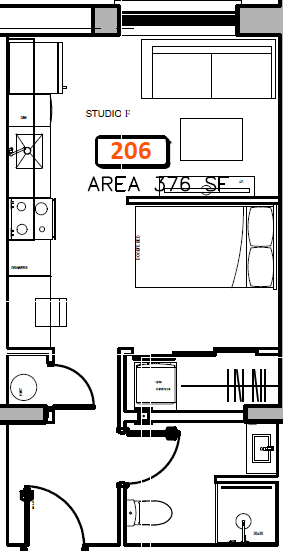 Floor plan for studio, 1 bath, 376 sqft