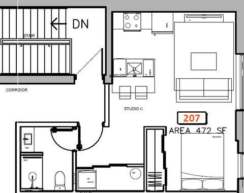 Floor plan for studio, 1 bath, 472 sqft