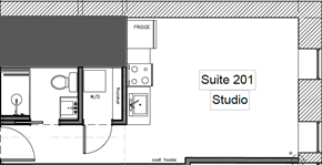 Waterloo apartment for rent - A floor plan of Suite 201 Studio shows a fridge, a sink, a toilet, a shower, a w/d, a bed, and a coat hooks.