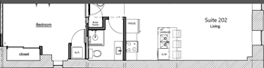 Waterloo apartment for rent - A floor plan of Suite 202 shows a bedroom, closet, fridge, and garbage disposal.