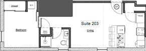Waterloo apartment for rent - A floor plan of Suite 203 shows a bedroom, living room, and bathroom.