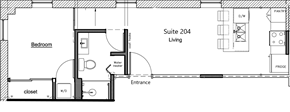 Waterloo apartment for rent - A floor plan of Suite 204 Living shows a bedroom, closet, and bathroom.