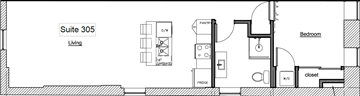 Waterloo apartment for rent - A floor plan for Suite 305 shows a living room, a bedroom, a bathroom, a kitchen, and a closet.