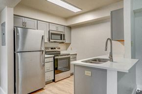Valparaiso apartment for rent - Kitchen equipped with stainless steel appliances, sleek countertops, and hardwood-style floors.