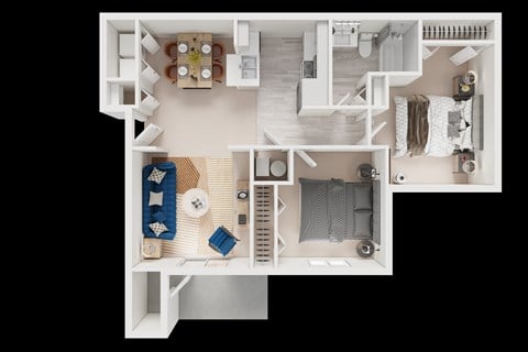 Floor plan for 2 beds, 1 bath, 777 sqft