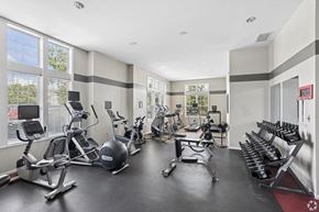 Merrillville apartment for rent - A spacious gym with a variety of equipment including treadmills, stationary bikes, and weight machines.