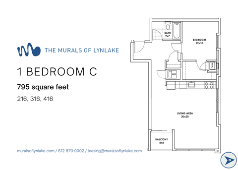 Floor plan for 1 bed, 1 bath, 795 sqft