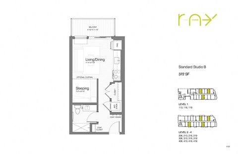Floor plan for studio, 1 bath, 372 sqft
