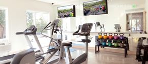 Minneapolis apartment for rent - Coze Flats fitness center with a treadmill, elliptical, spin bike, free weights and kettle bells