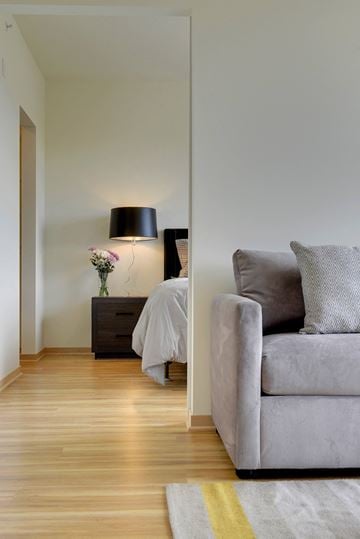 Minneapolis apartment for rent - a living room with a couch and a bedroom with a bed