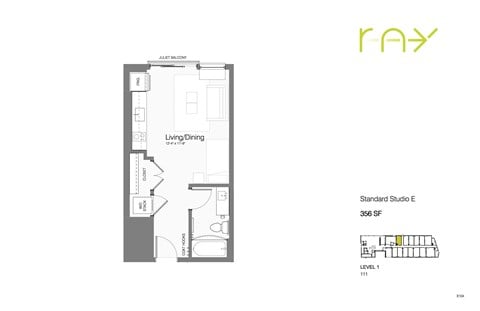 Floor plan for studio, 1 bath, 356 sqft