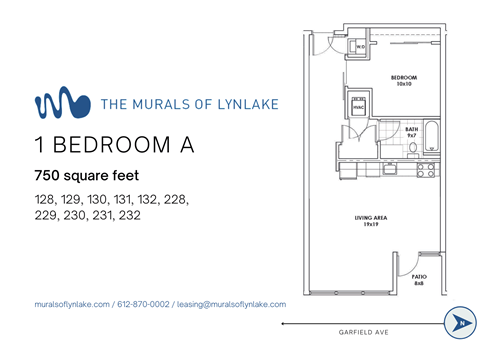 Floor plan for 1 bed, 1 bath, 750 sqft