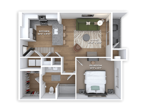 Floor plan for 1 bed, 1 bath, 688 sqft