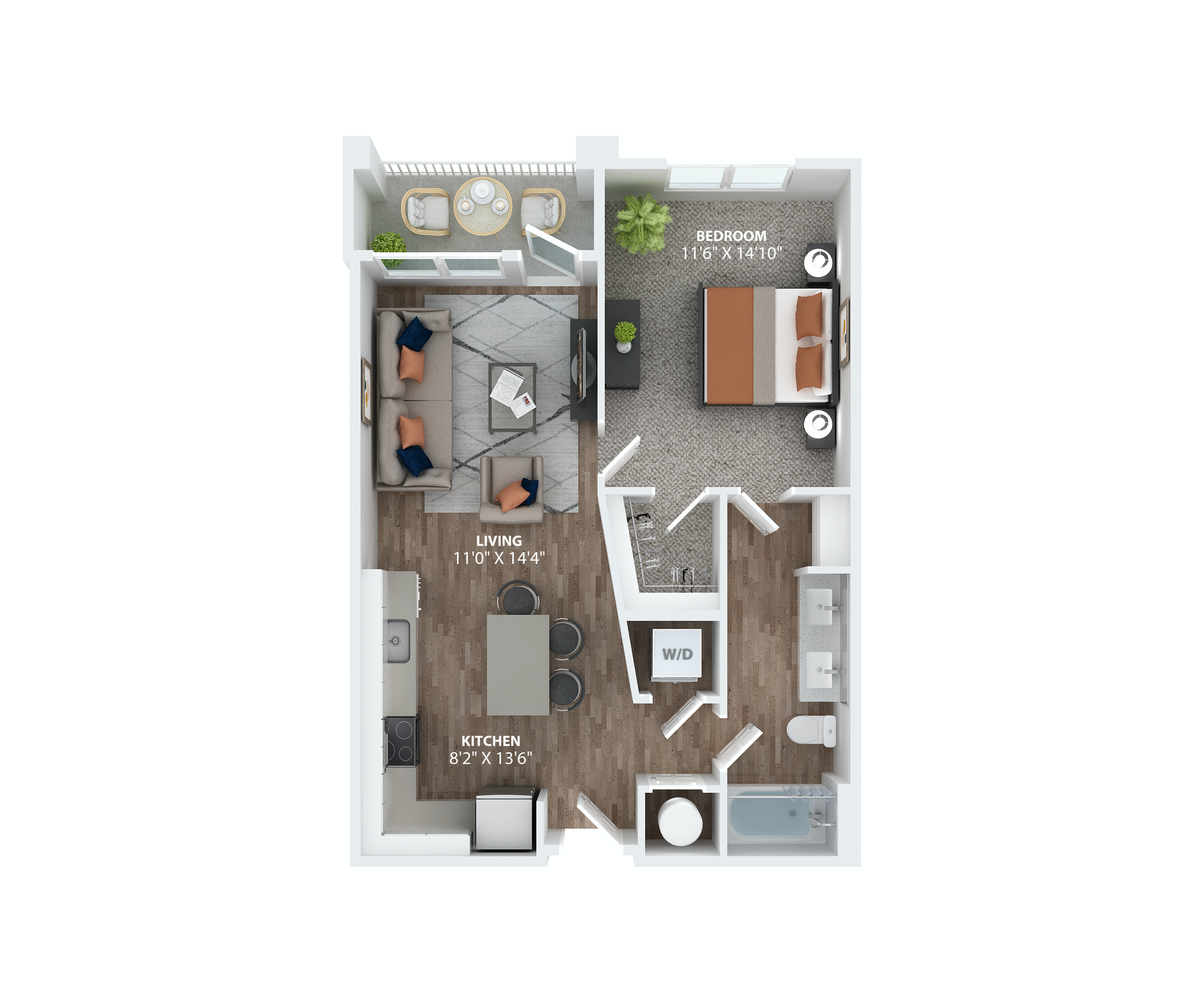 Floor plan for 1 bed, 1 bath, 742 sqft