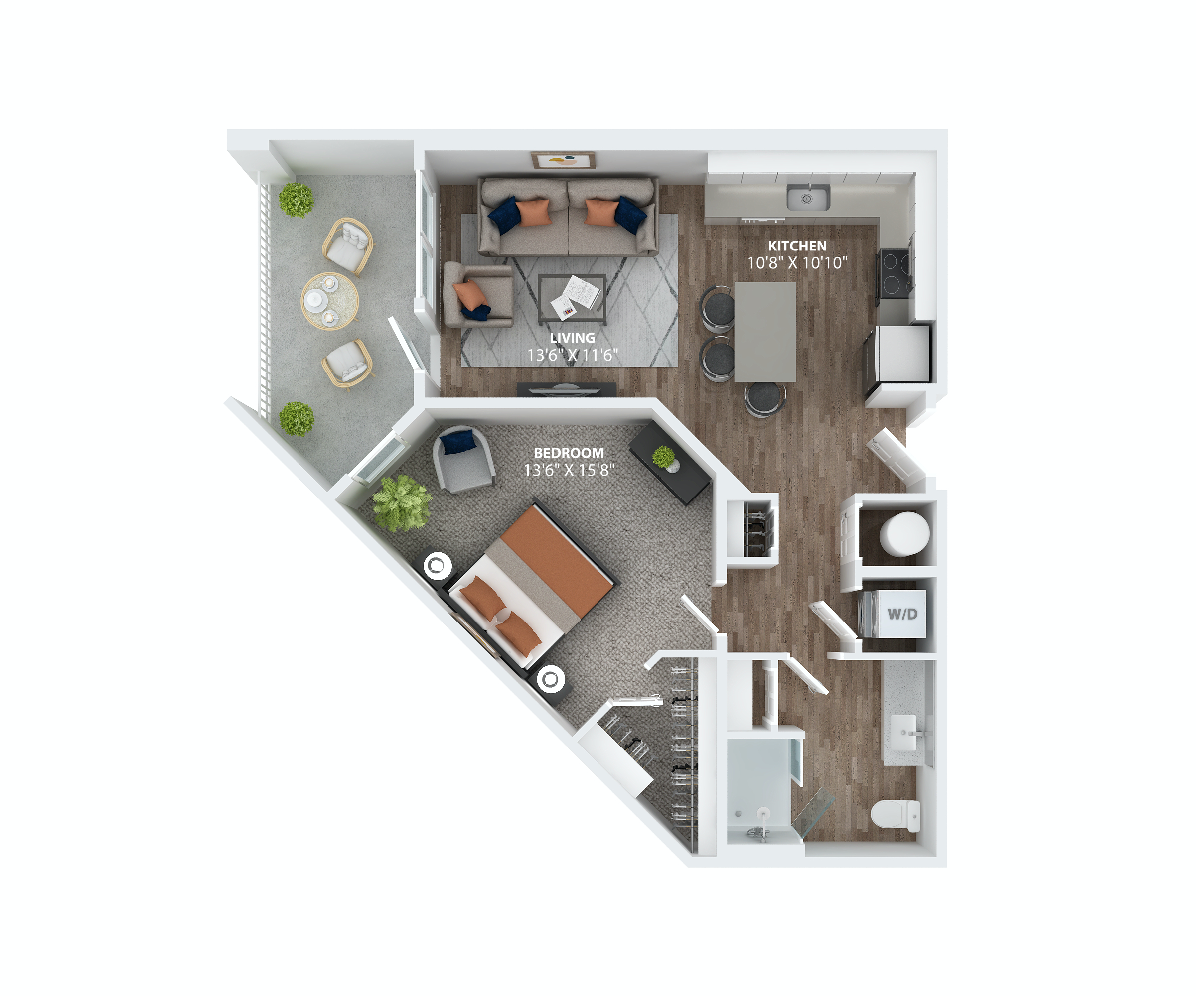 Floor plan for 1 bed, 1 bath, 789 sqft