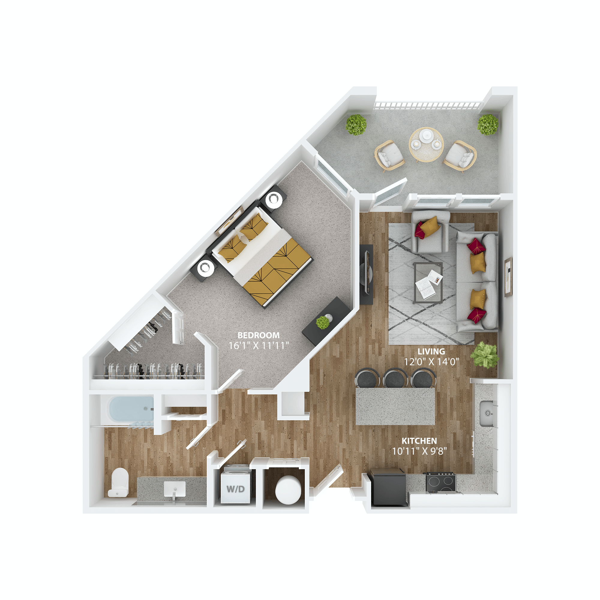 Floor plan for 1 bed, 1 bath, 916 sqft
