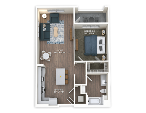 Floor plan for 1 bed, 1 bath, 781 sqft