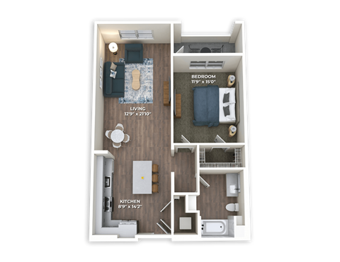 Floor plan for 1 bed, 1 bath, 898 sqft