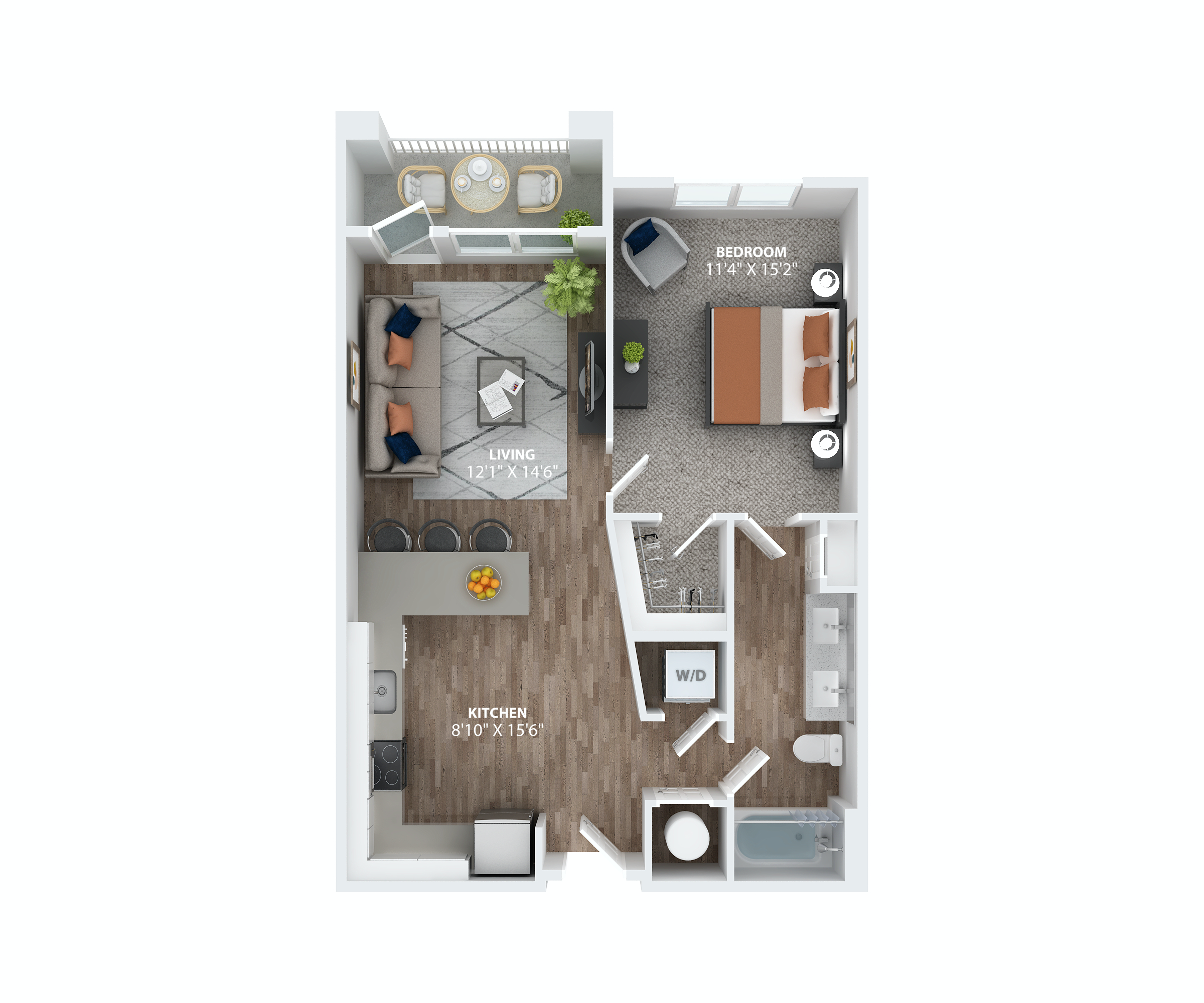 Floor plan for 1 bed, 1 bath, 798 sqft