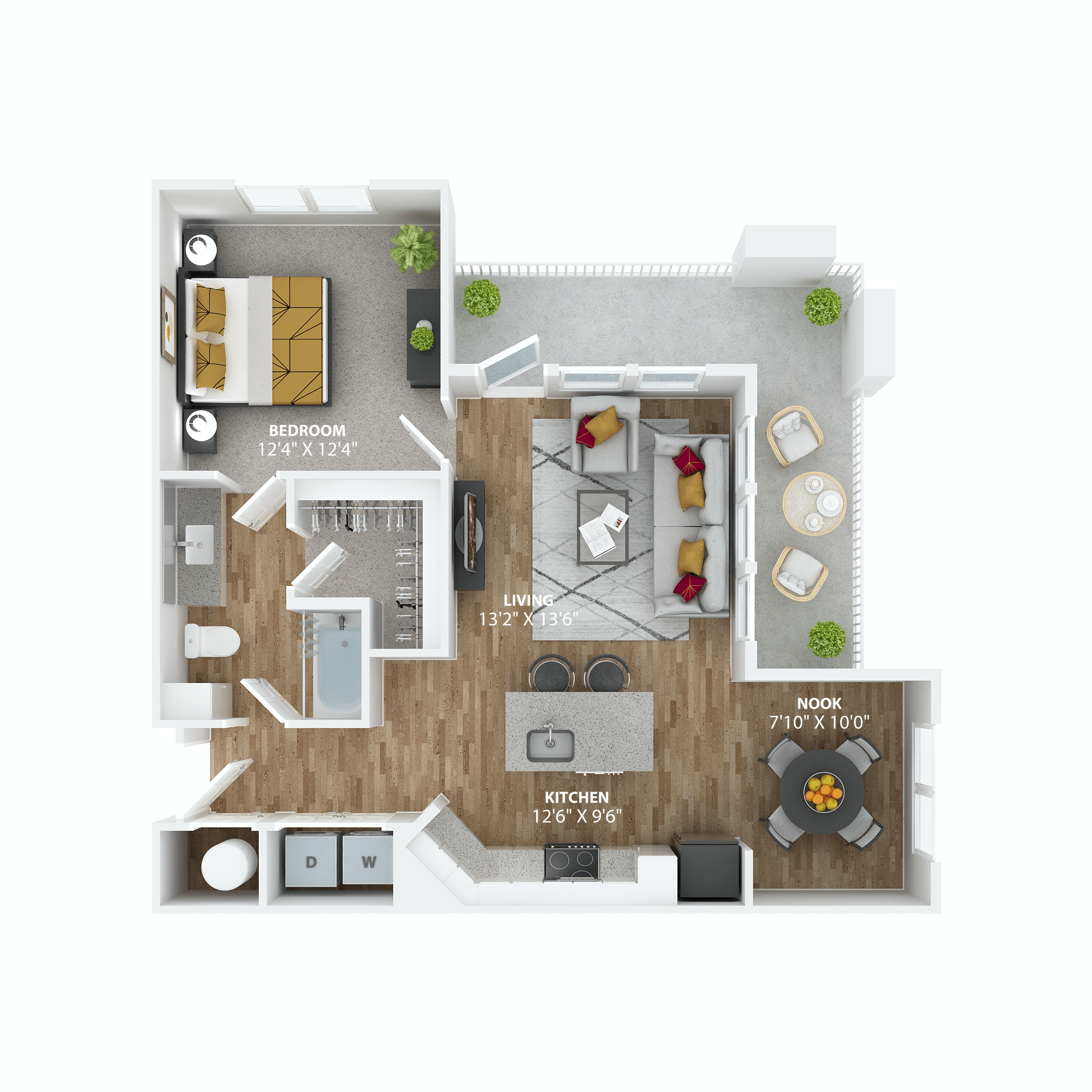 Floor plan for 1 bed, 1 bath, 837 sqft