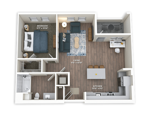 Floor plan for 1 bed, 1 bath, 806 sqft