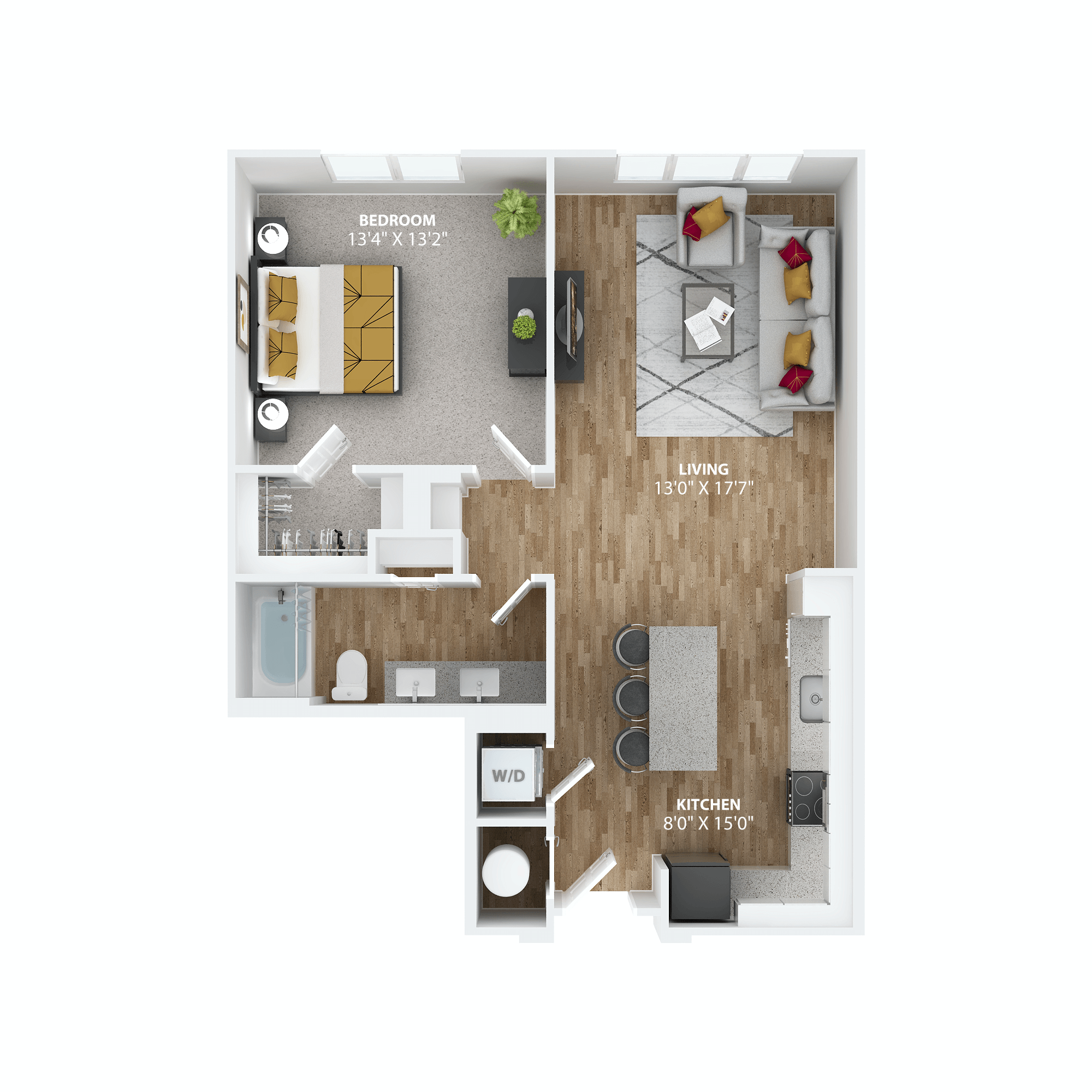 Floor plan for 1 bed, 1 bath, 826 sqft