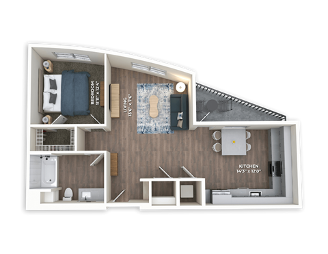 Floor plan for 1 bed, 1 bath, 792 sqft