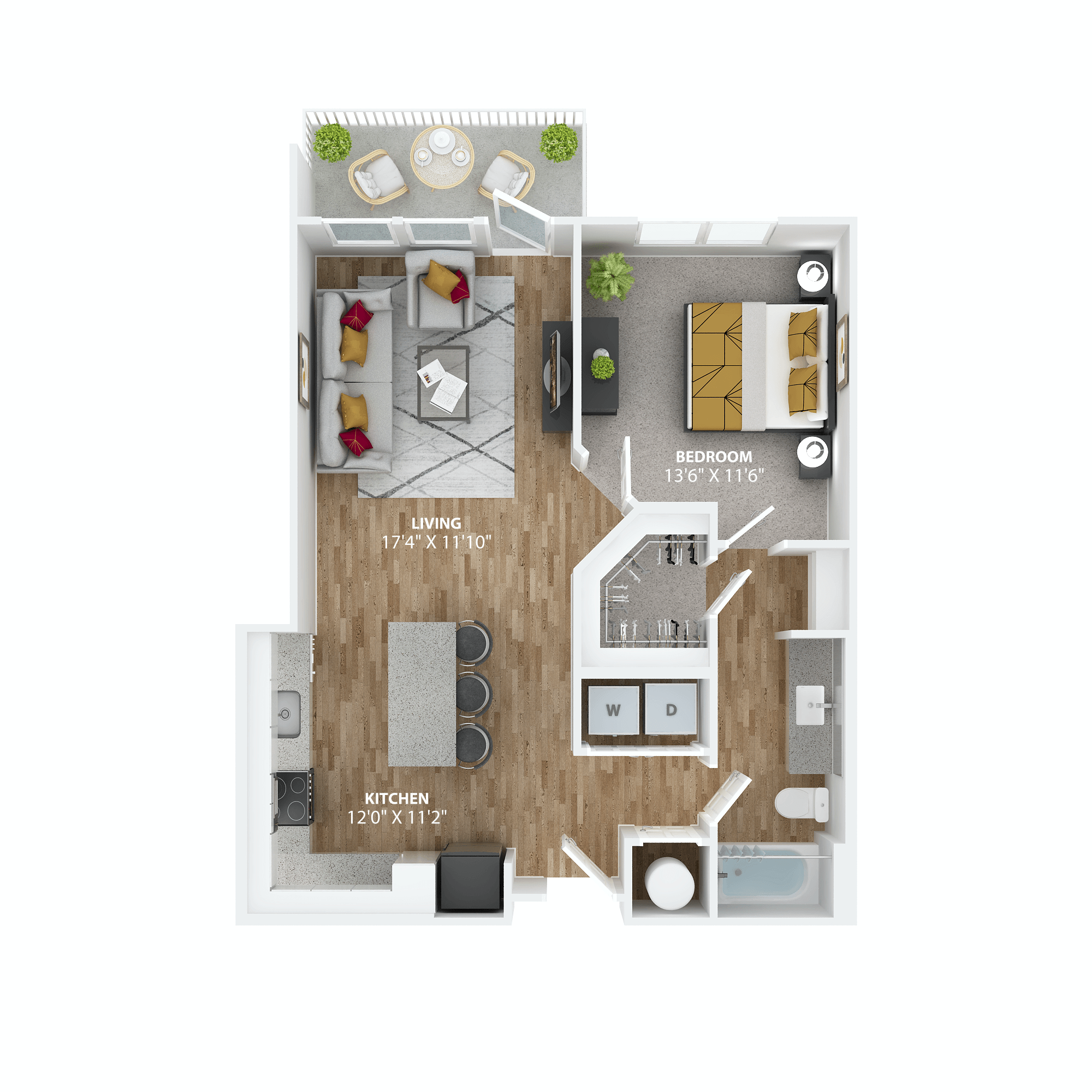 Floor plan for 1 bed, 1 bath, 769 sqft
