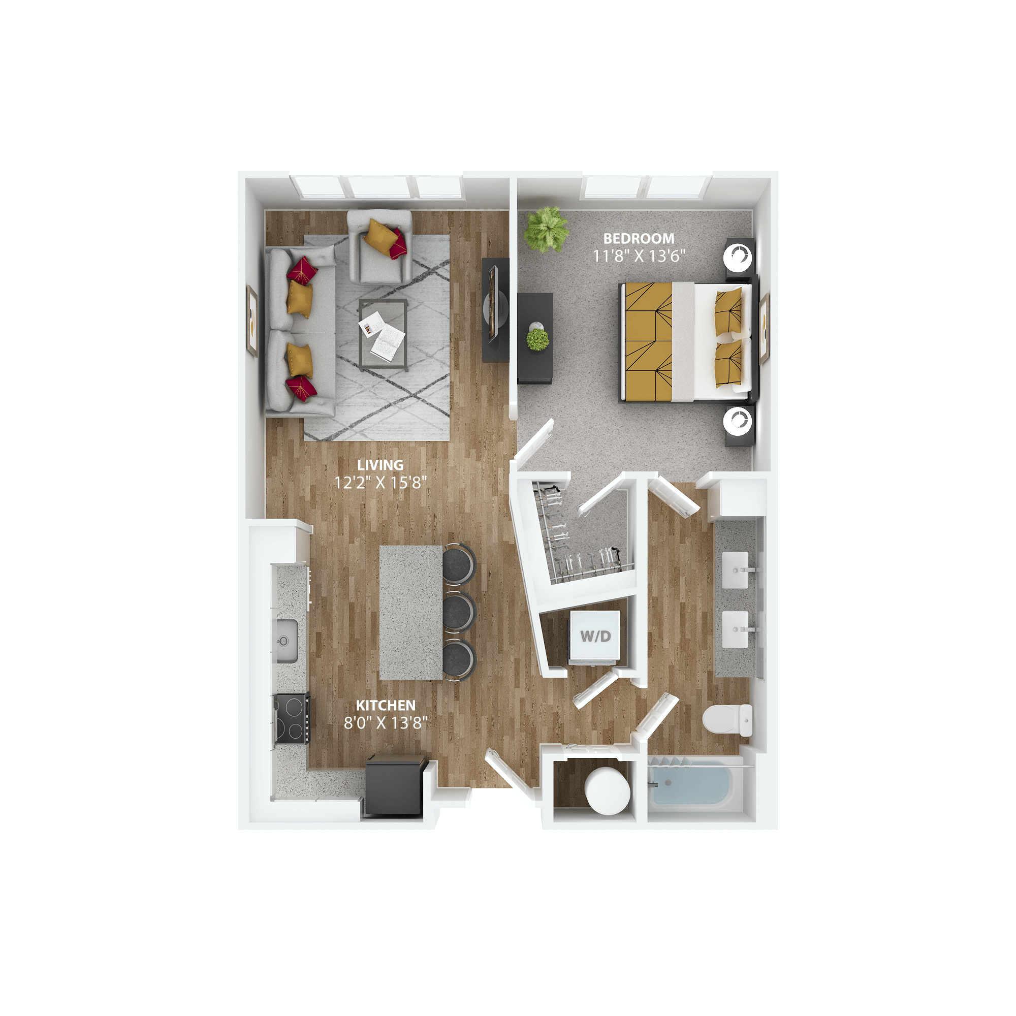 Floor plan for 1 bed, 1 bath, 753 sqft