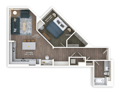 Floor plan for 1 bed, 1 bath, 853 sqft