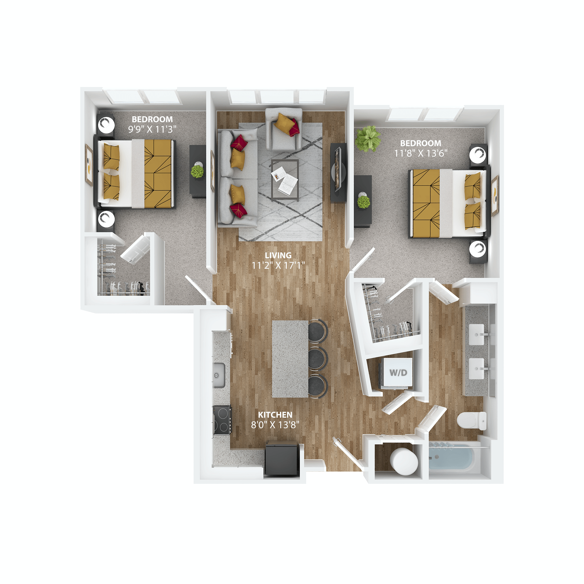 Floor plan for 2 beds, 1 bath, 935 sqft