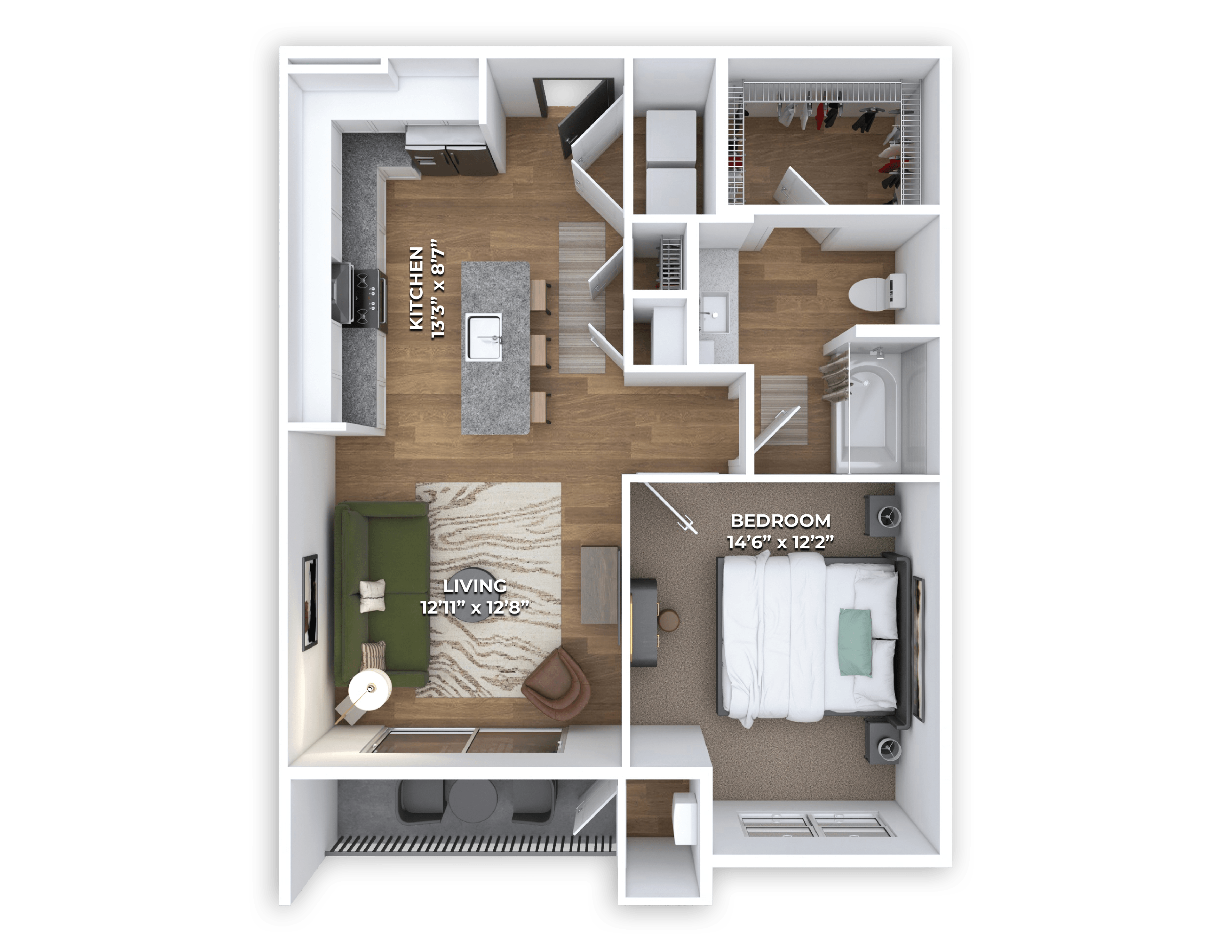 Floor plan for 1 bed, 1 bath, 710 sqft