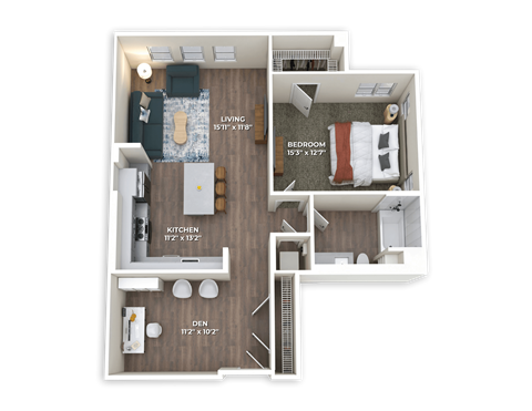 Floor plan for 1 bed, 1 bath, 934 sqft