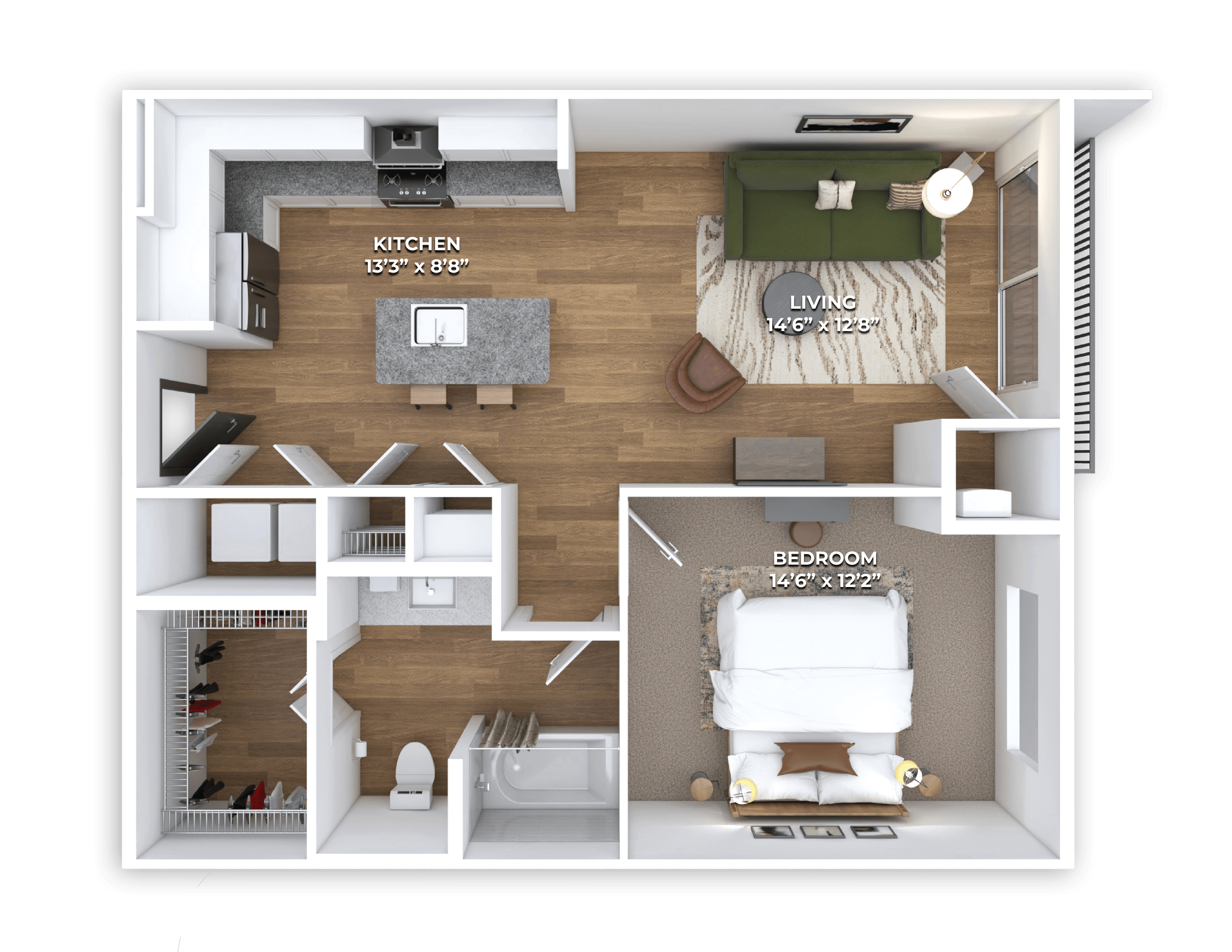 Floor plan for 1 bed, 1 bath, 815 sqft