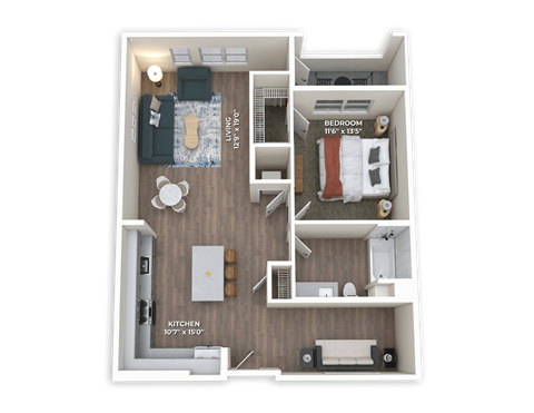 Floor plan for 1 bed, 1 bath, 898 sqft