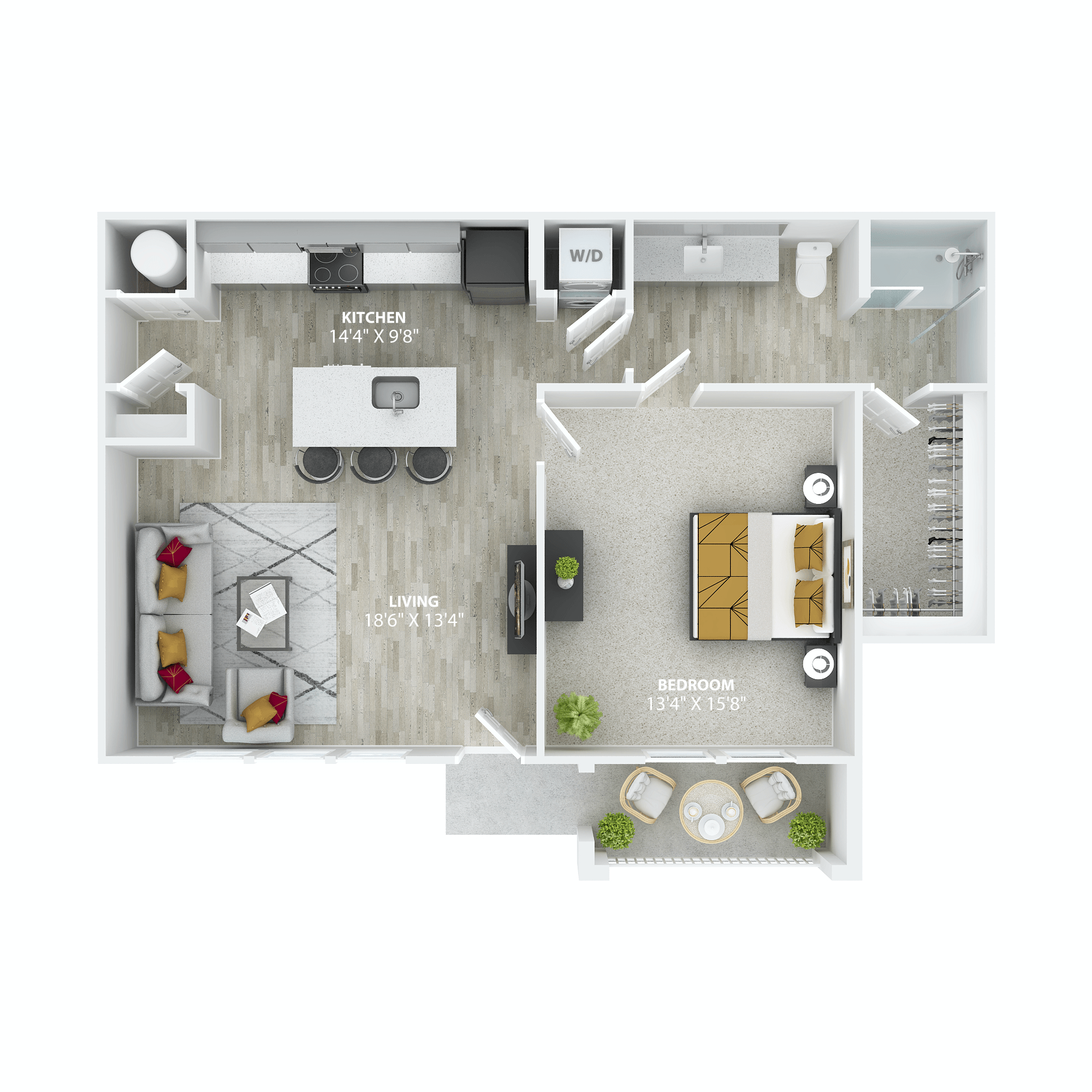 Floor plan for 1 bed, 1 bath, 890 sqft