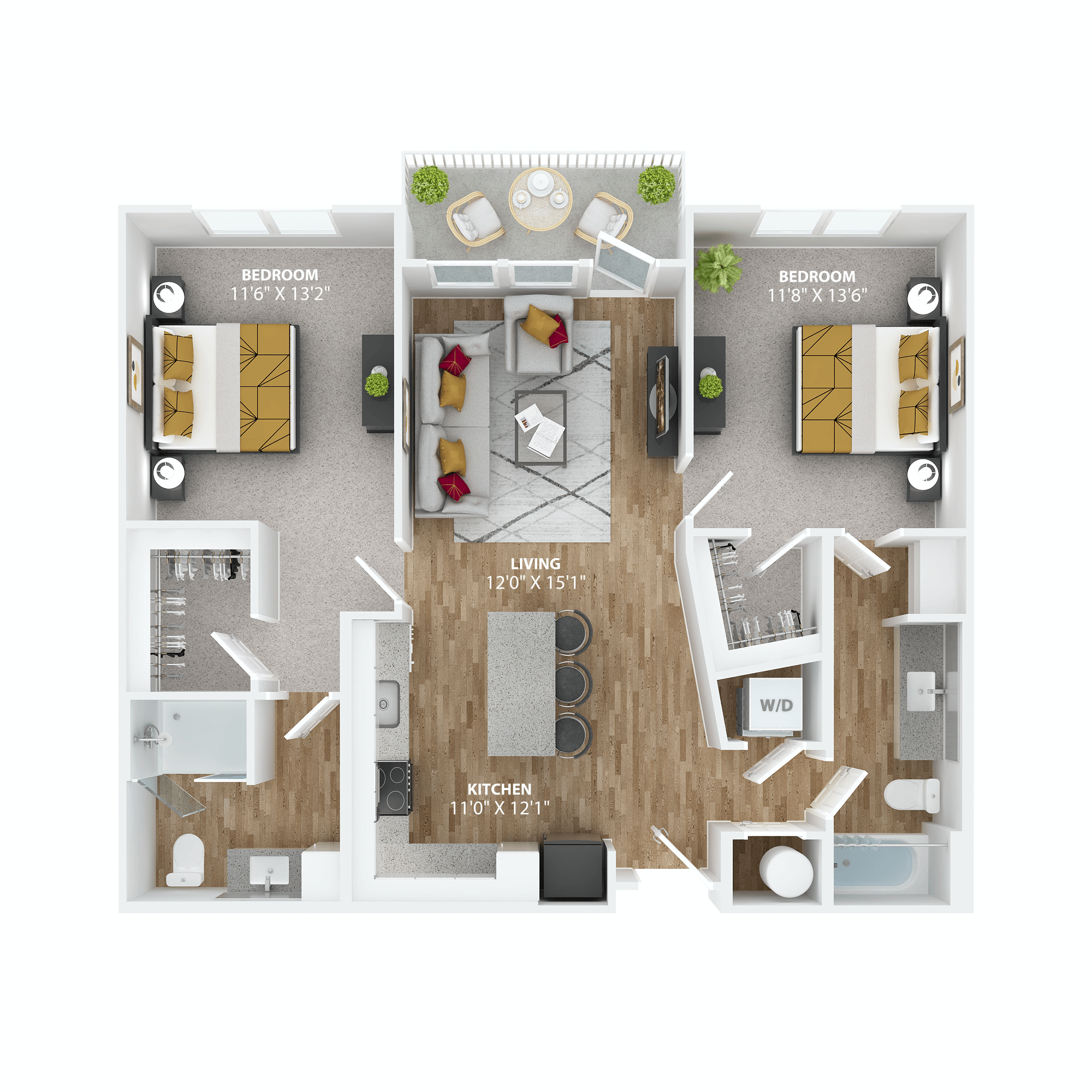 Floor plan for 2 beds, 2 baths, 1085 sqft