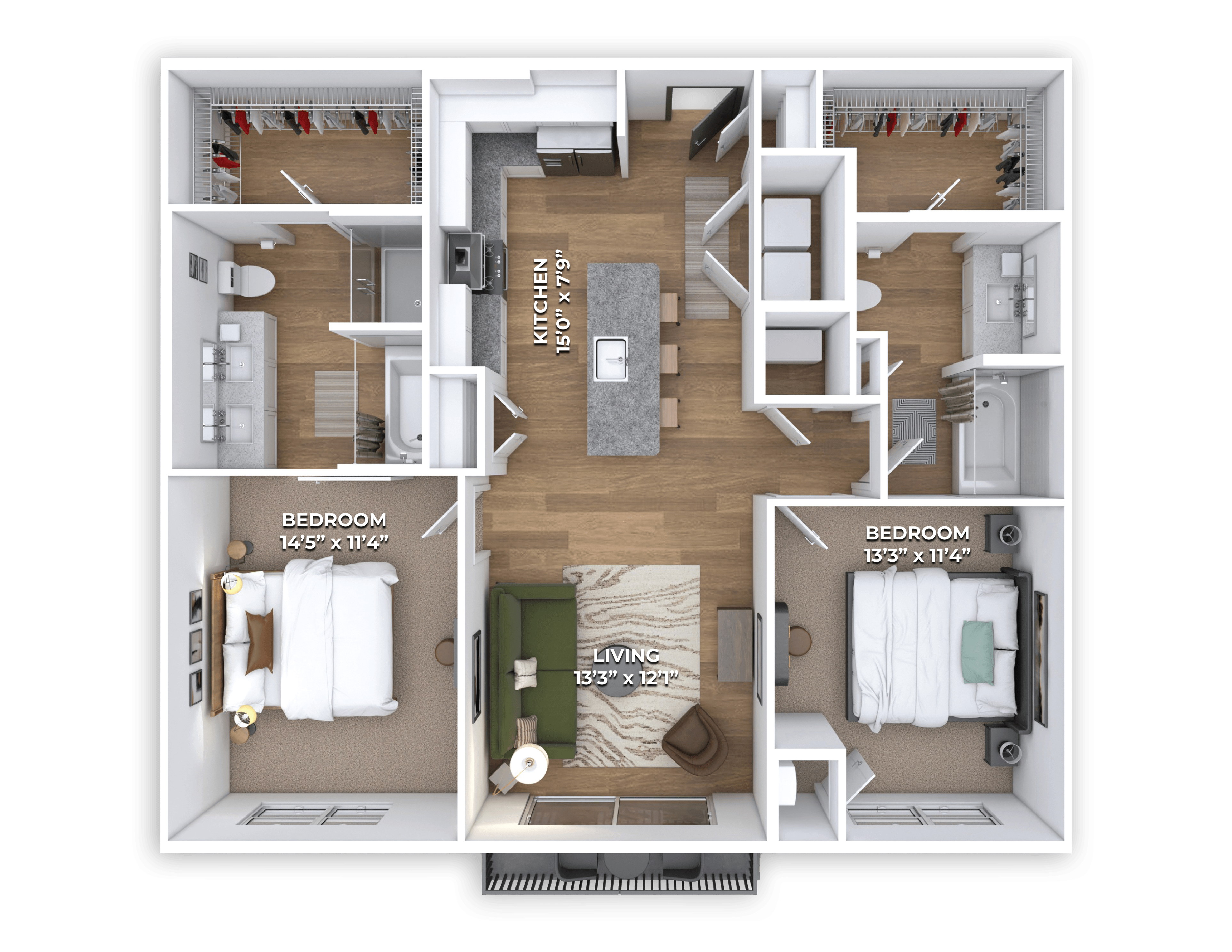 Floor plan for 2 beds, 2 baths, 1065 sqft