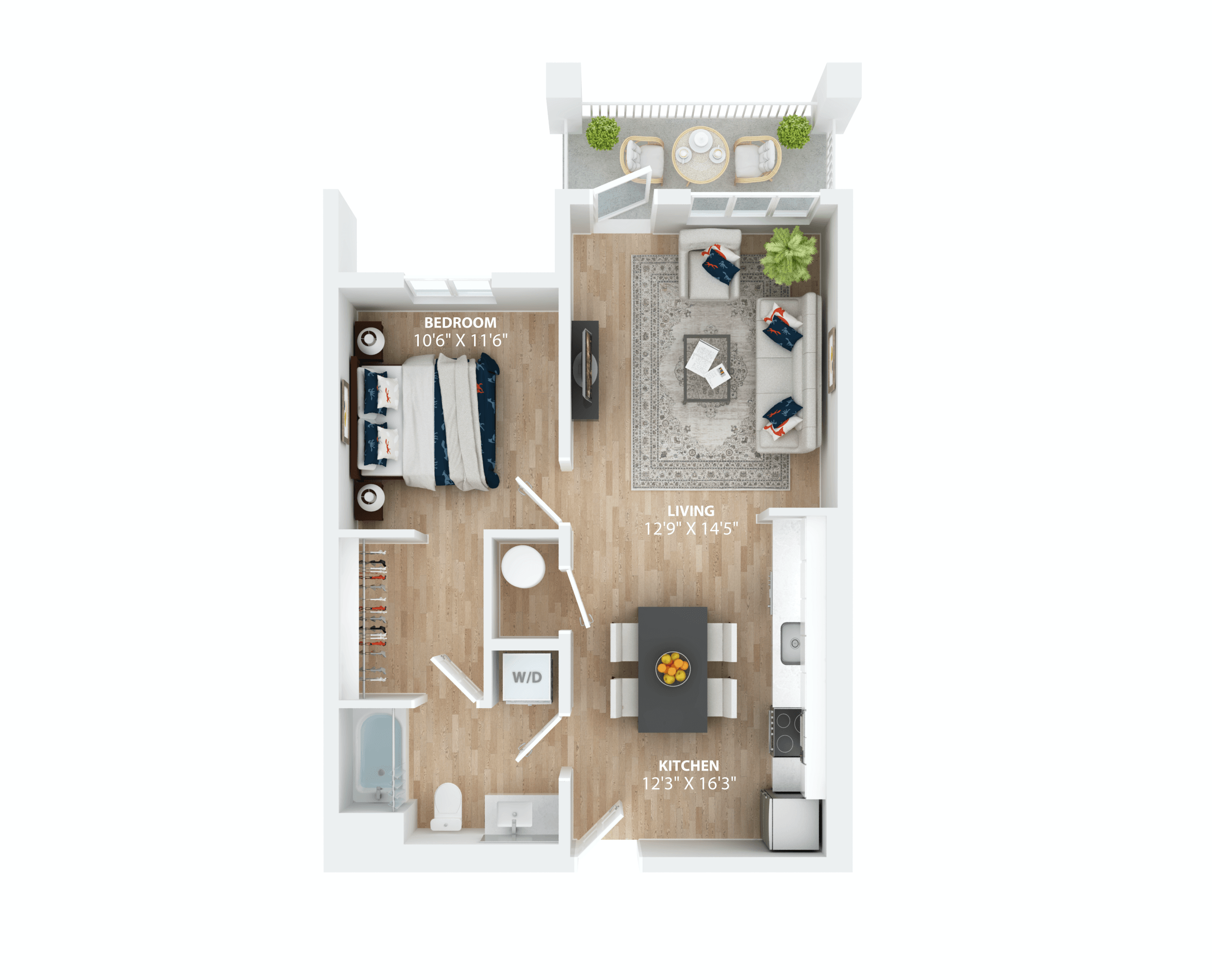Floor plan for 1 bed, 1 bath, 694 sqft