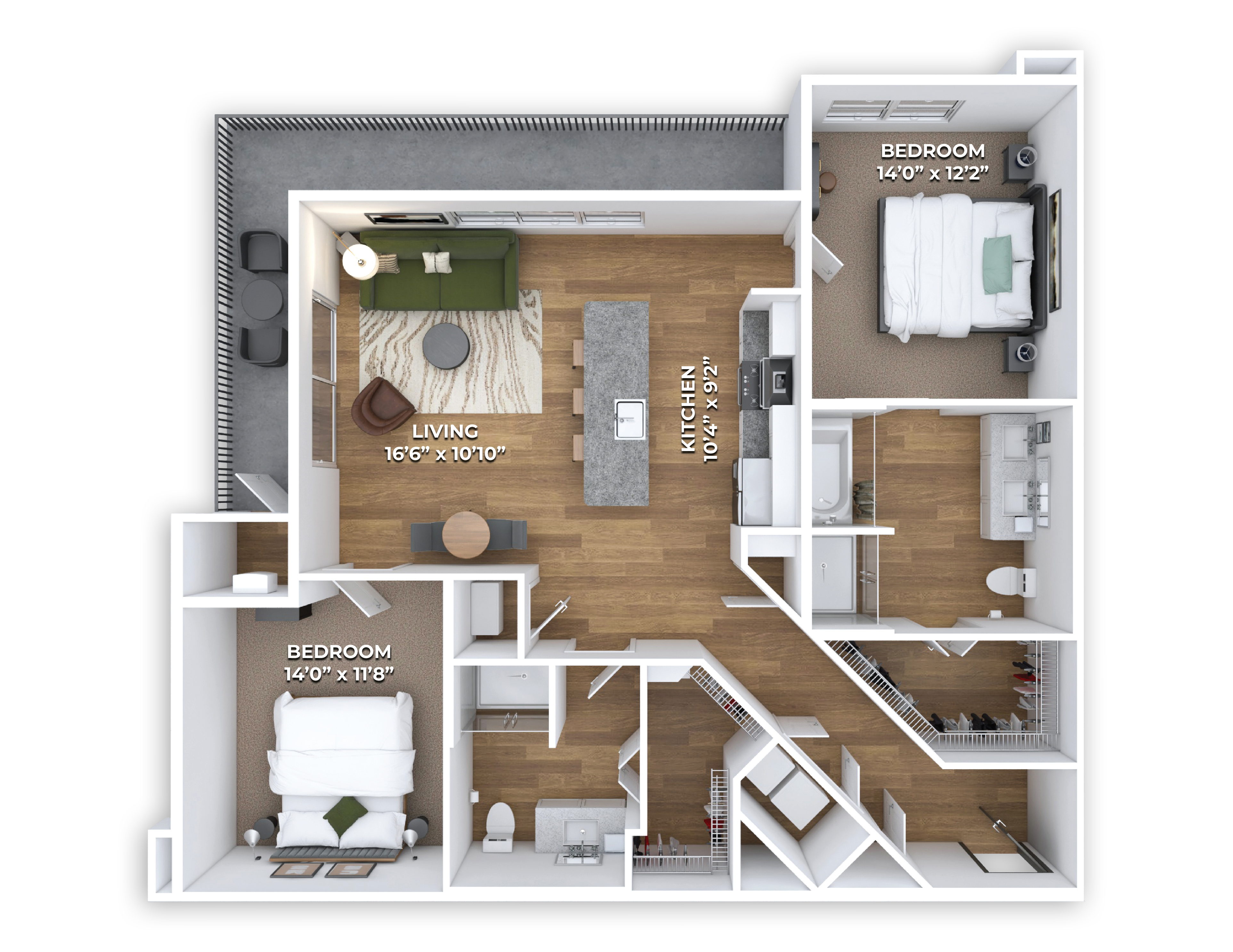Floor plan for 2 beds, 2 baths, 1177 sqft