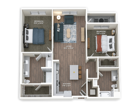 Floor plan for 2 beds, 2 baths, 1251 sqft