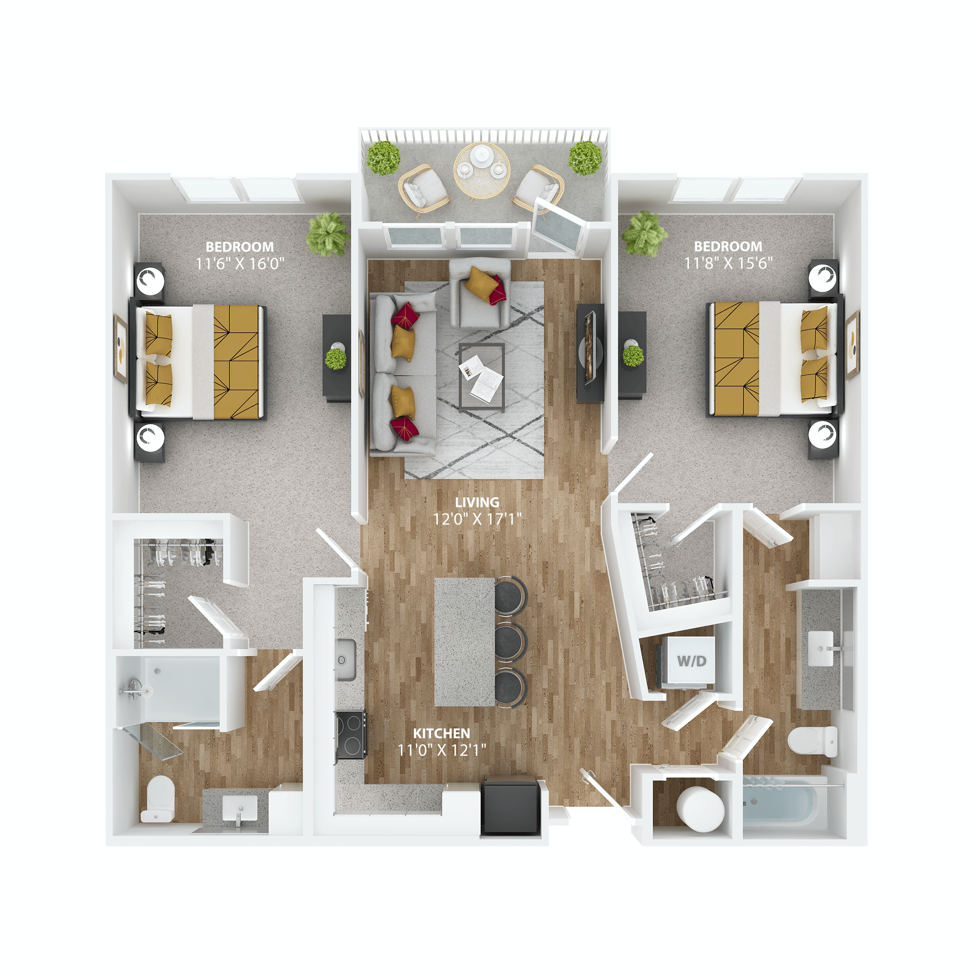 Floor plan for 2 beds, 2 baths, 1158 sqft