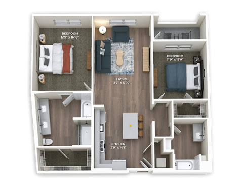 Floor plan for 2 beds, 2 baths, 1203 sqft
