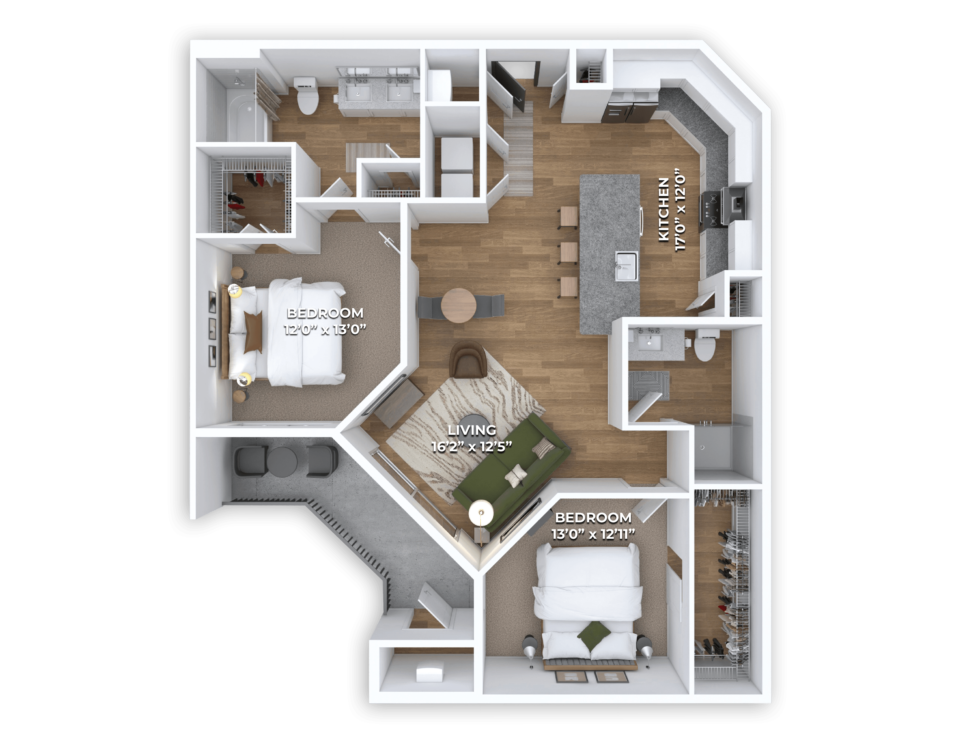 Floor plan for 2 beds, 2 baths, 1153 sqft