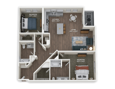 Floor plan for 2 beds, 2 baths, 1376 sqft