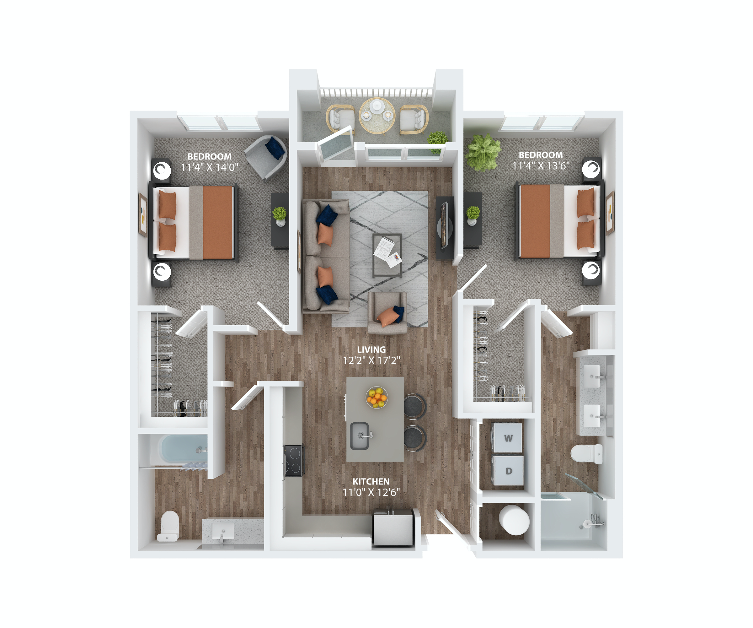 Floor plan for 2 beds, 2 baths, 1198 sqft