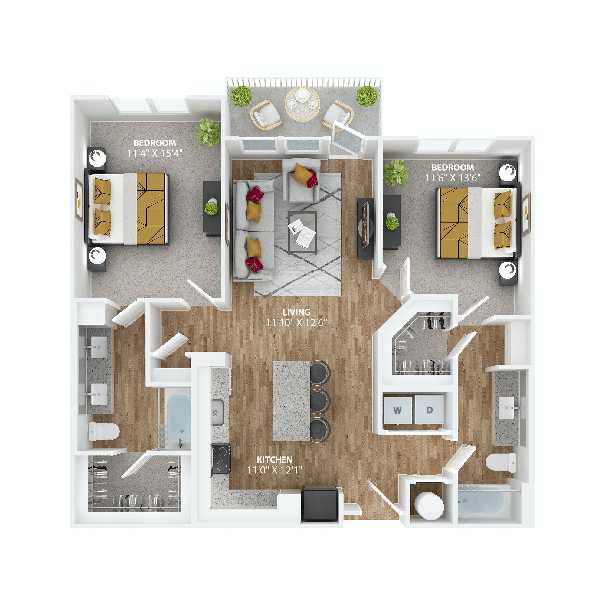 Floor plan for 2 beds, 2 baths, 1130 sqft