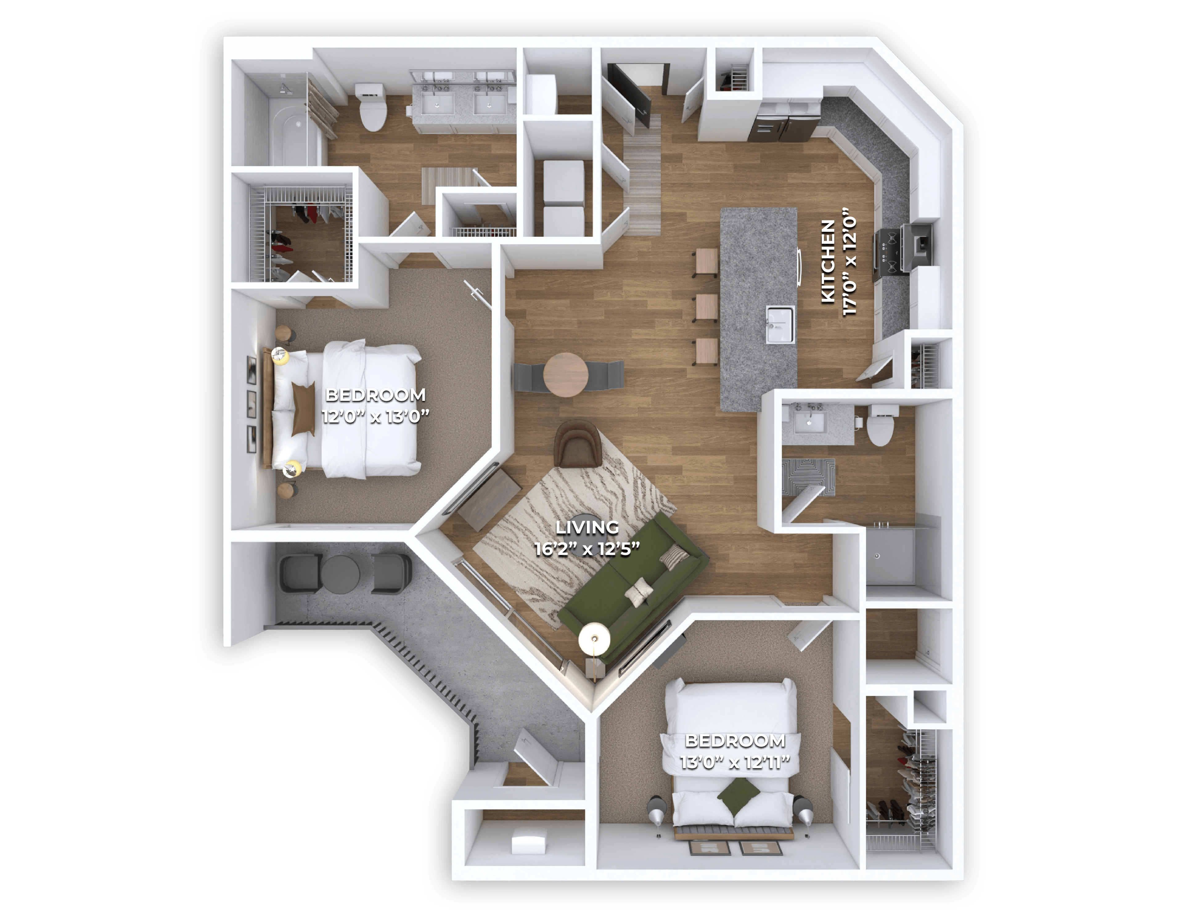 Floor plan for 2 beds, 2 baths, 1075 sqft