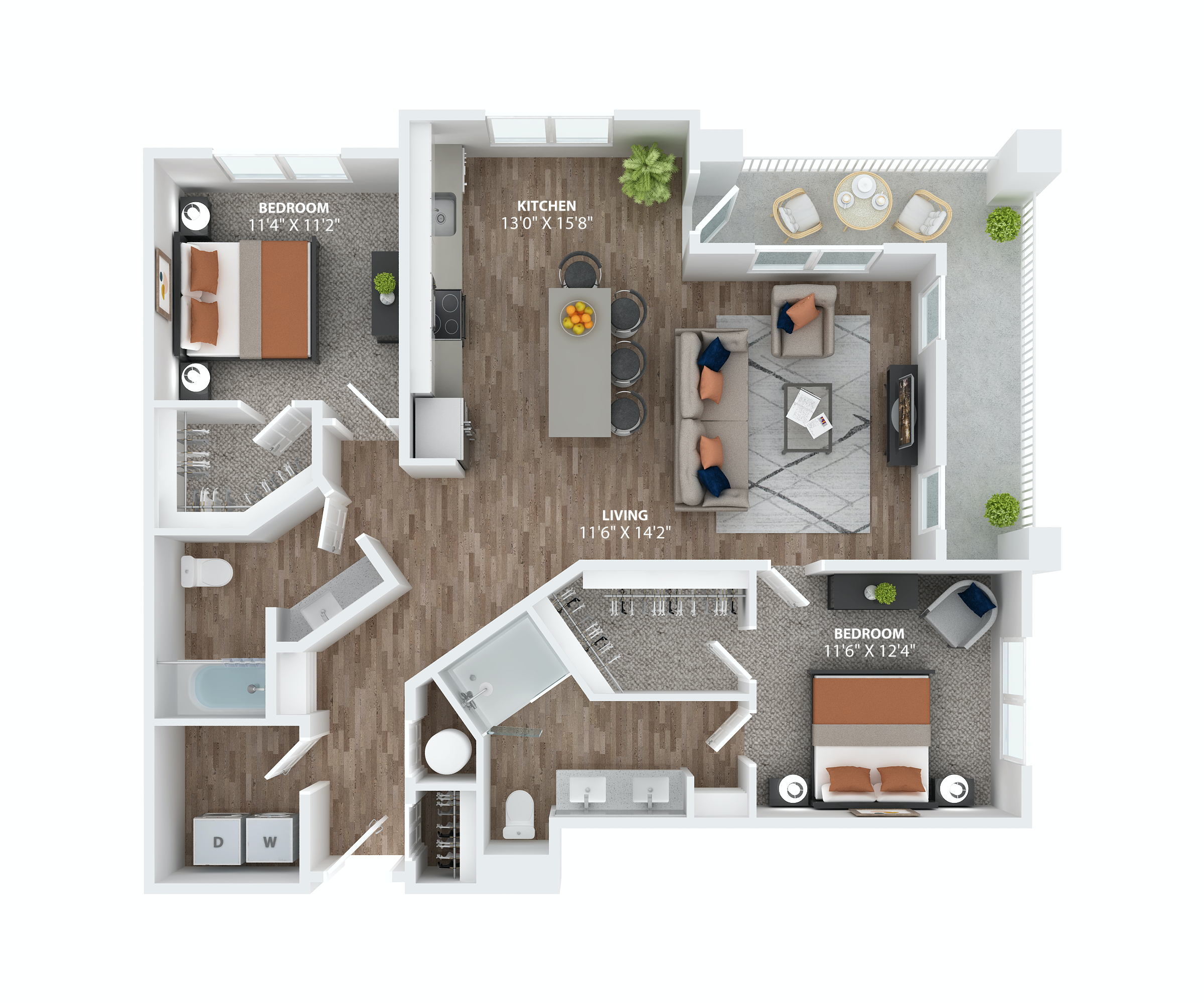 Floor plan for 2 beds, 2 baths, 1270 sqft